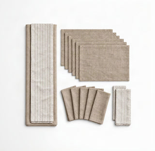Natural White Stripes Linen Table Runner+Natural White Stripes Linen Kitchen Towel+ Natural Linen Tablecloth+Natural Linen Placemat+ Natural Linen Napkin set of 2 