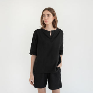Black Linen Clover Pyjama Set - Linen Tales Global 