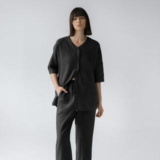 Black Linen Primrose Loungewear Set - Linen Tales 