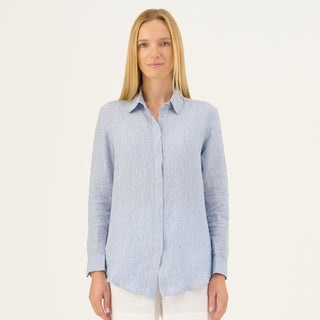 Blue White Stripes Linen Azalea Shirt - Linen Tales Global 