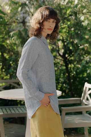 Blue White Stripes Linen Azalea Shirt - Linen Tales 6