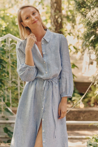 Blue White Stripes Linen Rhapsody Dress - Linen Tales 