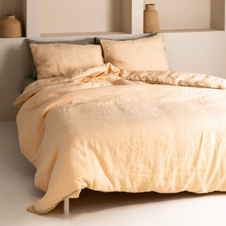 Brazilian Sand Linen Duvet Cover Set with Sage Piping - Linen Tales Global 