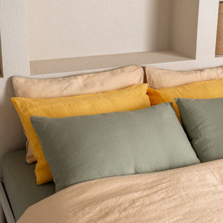 Brazilian Sand Linen Pillowcase with Sage Piping Set of 2 - Linen Tales Global 7