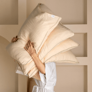 Brazilian Sand Linen Pillowcase with Sage Piping Set of 2 - Linen Tales Global 