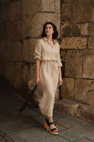 Bronze White Stripes Linen Rhapsody Dress - Linen Tales 7