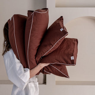 Chocolate Linen Pillowcase with White Piping Set of 2 - Linen Tales Global 