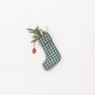 Forest Green Gingham Linen Christmas Stocking - Linen Tales Global 