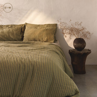 Green Blue Stripe Linen Duvet Cover Set - Linen Tales 1