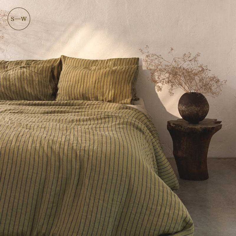 Green Blue Stripe Linen Duvet Cover Set - Linen Tales