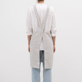 Grey Blue Pinstripe Rustic Linen Crossback Apron - Linen Tales 
