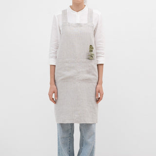 Grey Blue Pinstripe Rustic Linen Crossback Apron - Linen Tales 
