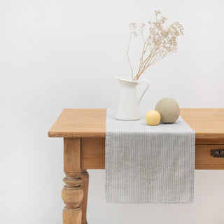 Grey Blue Pinstripe Rustic Linen Table Runner - Linen Tales 