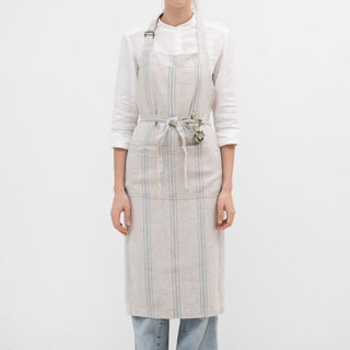 Grey Blue Wide Stripe Linen Chef Apron - Linen Tales 1