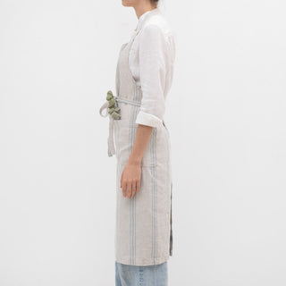 Grey Blue Wide Stripe Rustic Linen Chef Apron - Linen Tales 
