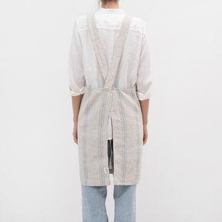 Grey Blue Wide Stripe Rustic Linen Crossback Apron - Linen Tales 