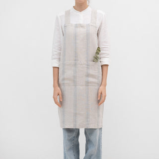 Grey Blue Wide Stripe Rustic Linen Crossback Apron - Linen Tales 