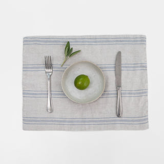 Grey Blue Wide Stripe Rustic Linen Placemat - Linen Tales 