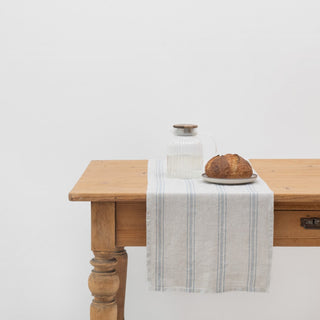 Grey Blue Wide Stripe Rustic Linen Table Runner - Linen Tales 