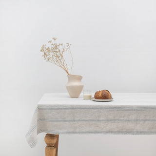 Grey Blue Wide Stripe Rustic Linen Tablecloth - Linen Tales 