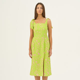 Kiwi Monstera Linen Rumba Dress - Linen Tales Global 