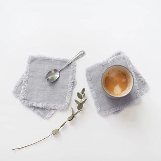 Light Grey Linen Coasters with Fringes Set of 4 - Linen Tales 