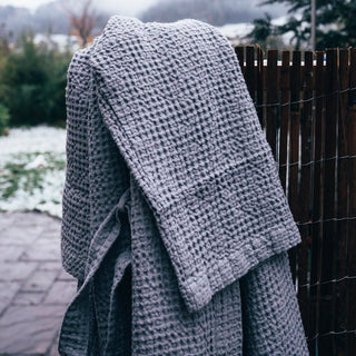 Light Grey Linen & Cotton Honeycomb Waffle Bathrobe - Linen Tales 3
