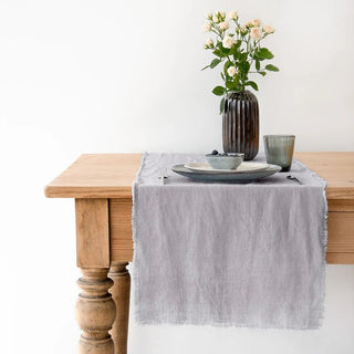 Light Grey Linen Table Runner with Fringes - Linen Tales 