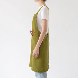 Moss Green Linen Crossback Apron - Linen Tales 