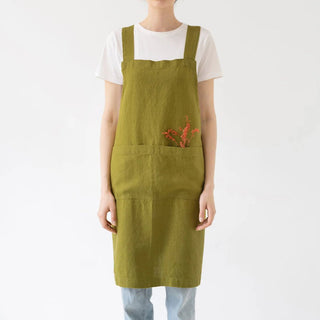 Moss Green Linen Crossback Apron - Linen Tales 