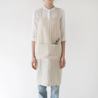 Natural White Stripes Linen Crossback Apron - Linen Tales 