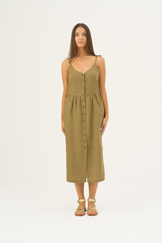 Olive Khaki Linen Camilla Dress - Linen Tales Global 