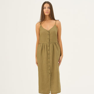 Olive Khaki Linen Camilla Dress - Linen Tales Global 