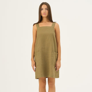 Olive Khaki Linen Fughetta Dress - Linen Tales Global 