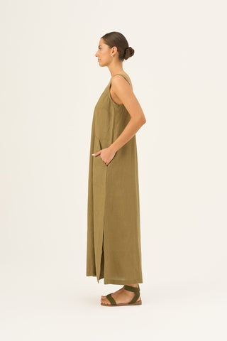 Olive Khaki Linen Fugue Dress - Linen Tales Global 3