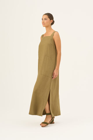 Olive Khaki Linen Fugue Dress - Linen Tales Global 4