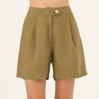 Olive Khaki Linen Mirabilis Shorts - Linen Tales Global 1