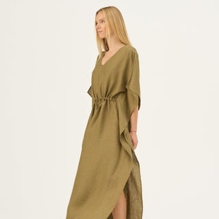 Olive Khaki Linen Sol Dress - Linen Tales Global 