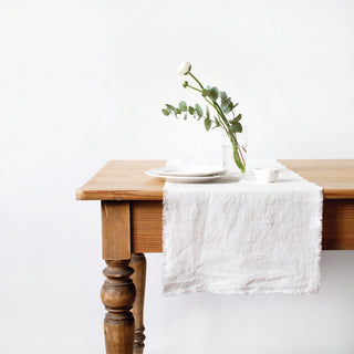 Optical White Linen Table Runner with Fringes - Linen Tales Global 