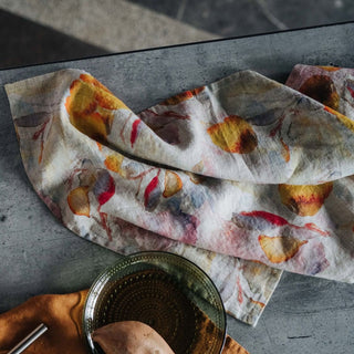Orange Flow on Natural Linen Kitchen Towel - Linen Tales 