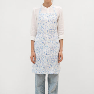 White Botanical Blue Linen Daily Apron - Linen Tales 