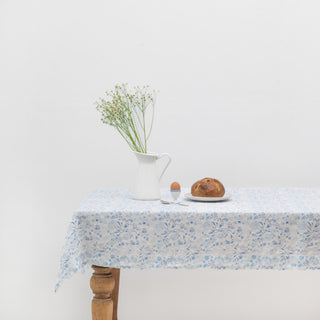 White Botanical Blue Linen Tablecloth - Linen Tales 