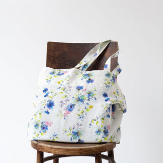 White Flowers Linen Big Bag - Linen Tales 