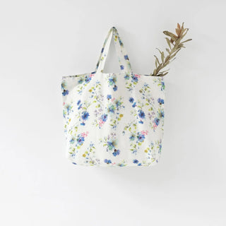 White Flowers Linen Big Bag - Linen Tales 