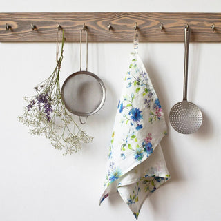 White Flowers Linen Kitchen Towel - Linen Tales 