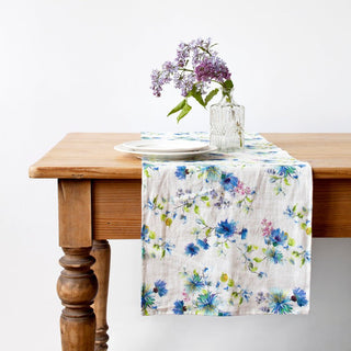 White Flowers Linen Table Runner - Linen Tales 