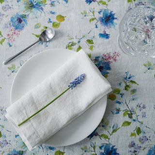 White Flowers Linen Tablecloth - Linen Tales 