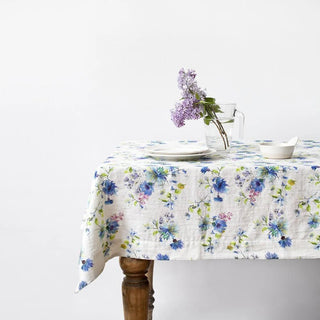 White Flowers Linen Tablecloth - Linen Tales 