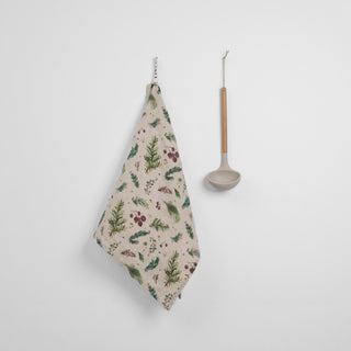 Winter Berries on Light Natural Linen Kitchen Towel - Linen Tales 