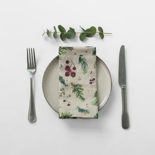 Winter Berries on Light Natural Linen Napkins Set of 2 - Linen Tales 